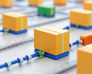 Poster - A vibrant array of yellow and green packages on a conveyor system, representing logistics and efficient delivery in a modern warehouse setting.