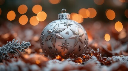 Wall Mural - A shiny silver Christmas ornament featuring engraved stars and glittering accents, set against a festive background.