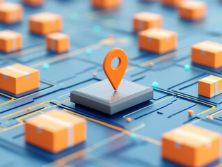 Aufkleber - Logistics and warehouse concepts. A digital representation of logistics with a location pin amidst orange packages, symbolizing tracking and delivery systems.
