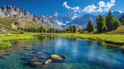 Wall Mural - Crystal-clear mountain lake reflecting snowy peaks under blue sky