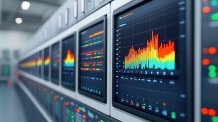 Poster - A series of digital displays showing colorful data visualizations, likely related to analysis or monitoring in a technological or industrial setting.