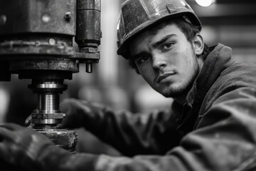 Poster - Young engineer working on industrial machinery with safety helmet