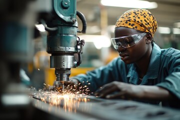 Poster - Female engineer operating cnc milling machine creating sparks in factory