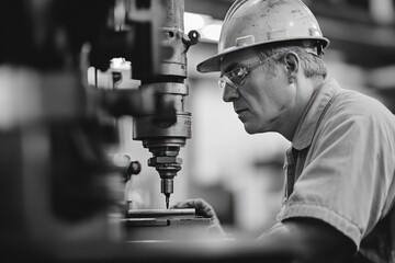 Aufkleber - Factory worker operating industrial drilling machine with safety glasses and hardhat