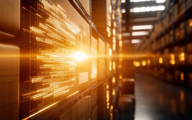 Poster - Logistics and warehouse concepts. A futuristic view of a data storage facility, showcasing illuminated data streams amidst rows of shelves, symbolizing advanced technology and data management.