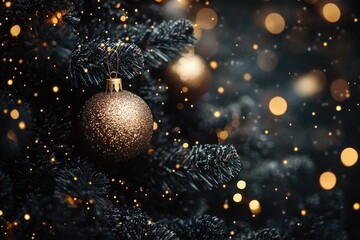 Poster - Golden christmas ball ornament hanging on black christmas tree with sparkling lights