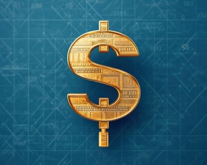 Poster - Wealth and currency concepts. A golden dollar sign on a blueprint background symbolizes wealth, finance and economic.