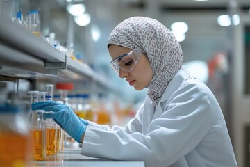 Leinwandbilder - Female muslim scientist working with test tubes in laboratory