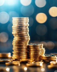 Leinwandbilder - A visually appealing stack of shiny gold coins against a blurred background, symbolizing wealth and prosperity.