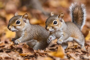 Wall Mural - Two squirrels running on autumn leaves in forest