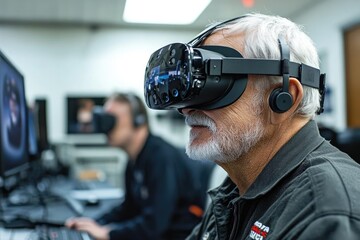 Leinwandbilder - Senior engineer wearing vr headset experiencing virtual reality in office