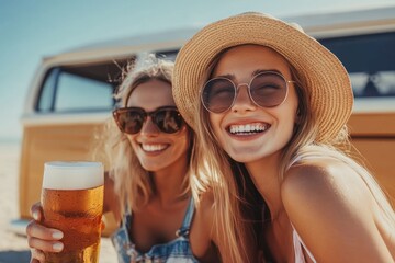 Two smiling women drinking beer by a van on the beach during summer vacation