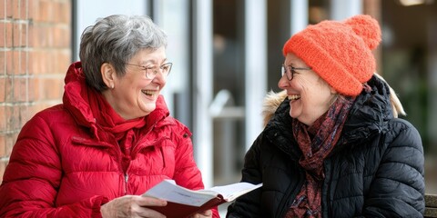 Two smiling women in winter attire engage in a joyful conversation, sharing moments of friendship outdoors.