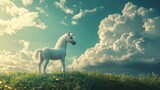 Photo manipulation of a small white pony standing on a grassy hill under a dramatic cloudy sky
