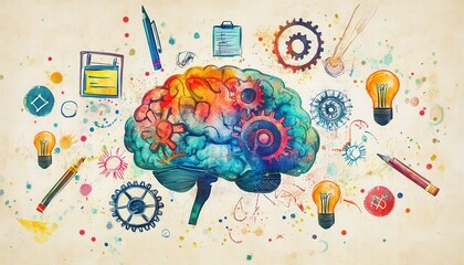 Poster - Colorful Watercolor Brain Illustration with Gear Motifs