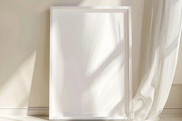 hite frame white with thick border blank canvas on beige wall mockup bright light soft shadows