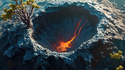 Panoramic aerial view of an active volcano s crater surrounded by a dead tree showcasing stark contrasts in nature s beauty