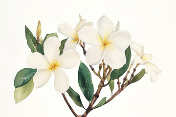 Wall Mural - white plumeria on a white background clipart, watercolour gouache textured paper, naive folk art storybook style