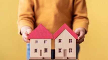 Father and child happily assembling a house model from building blocks signifying the dream of owning an affordable home and building a secure future together