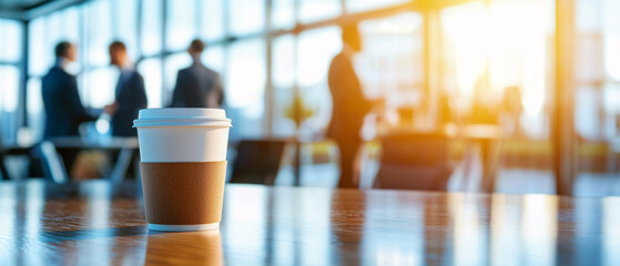 Poster - coffee cup on polished wooden table with bright office background. warm sunlight creates cozy atmosphere, perfect for meetings or casual conversations