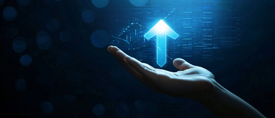 Poster - hand reaching out with glowing upward arrow symbolizes growth and progress in digital world. background features abstract data patterns, enhancing futuristic feel