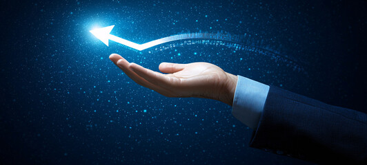 Poster - hand reaching out with glowing upward arrow symbolizes growth and success in digital world