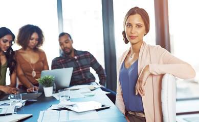 Poster - Confidence, portrait and woman in strategy meeting with creative business planning for office diversity. Opportunity, ideas and businesswoman in conference room with design team at digital agency