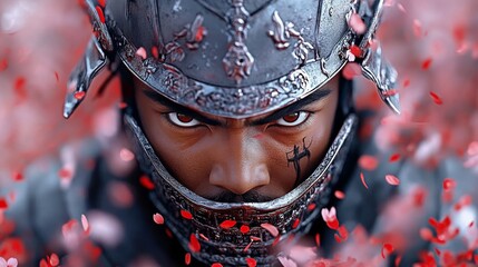 Intense Samurai Warrior Closeup Falling Petals Asian Culture 3D Render