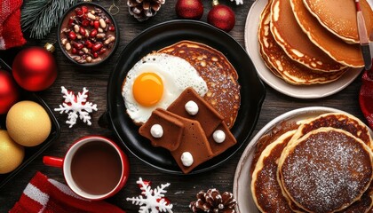 Christmas morning breakfast with hot cocoa, pancakes, and holiday decorations around the table, with copy space for text