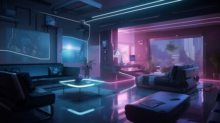 Poster - tech-inspired living space featuring futuristic furniture and innovative design elements
