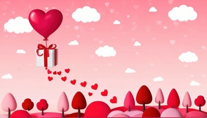 Gift box with heart balloon floating it pink sky, Happy Valentine's Day banners, paper art style. Love concept for happy mother s day, valentine s day, birthday day. Copy space background