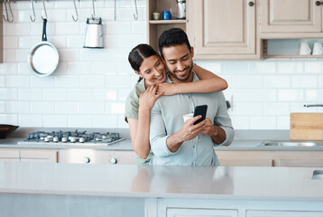 Aufkleber - Happy couple, hug and phone with coffee in kitchen for social media, app or online browsing at home. Young, man and woman with smile, caffeine or drink on mobile smartphone for communication at house