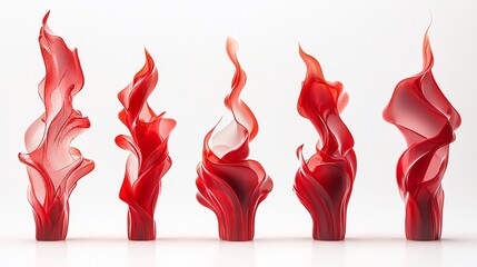 Wall Mural - Five abstract flame-shaped objects rendered in red and white on a white background.