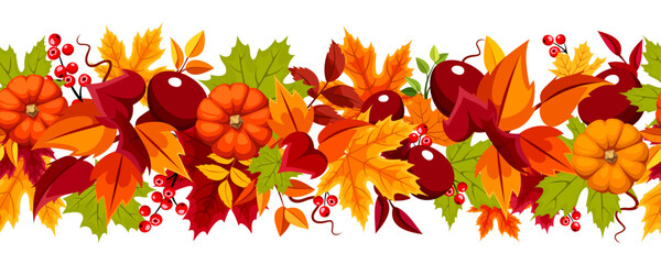 Wall Mural - seamless border with orange pumpkins, red, orange, and green autumn leaves, rowanberries, and chestn