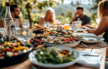 A close-up view of a table set for dinner in the outdoors with several plates of food, including salads and roasted vegetables