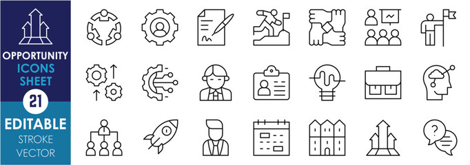 Poster - a set of line icons related to opportunity. team, success, teamwork, improvement, leadership, motiva