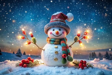 Festive snowman decked in lights, snowflakes dance amidst berry-strewn snow.