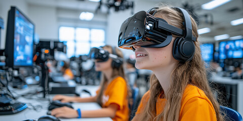 Poster - Young learners in tech savvy classroom immersed in virtual reality, exploring digital worlds with VR headsets and computers, fostering innovation and creativity