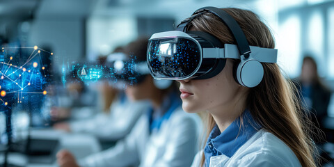 Poster - group of students in modern classroom uses virtual reality headsets for immersive learning experiences, enhancing their educational engagement and understanding