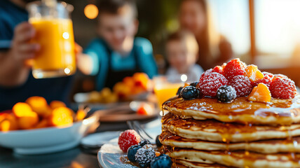 Poster - family enjoys lively breakfast with pancakes topped with fresh berries and syrup, creating warm and joyful atmosphere in kitchen