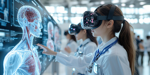Poster - Students in futuristic educational setting use VR to study human anatomy, engaging with interactive holographic displays