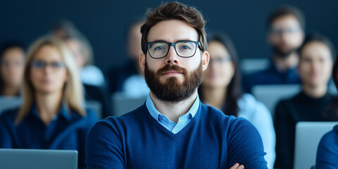Aufkleber - confident man with glasses sits among group of focused individuals in professional setting, suggesting learning or meeting environment