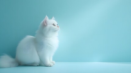 Poster - Full body shot. A white Persian cat, angled slightly to the left, looking back over its shoulder on a light blue backdrop, 4k resolution, no background, no shadow