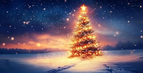 Wall Mural - A beautiful Christmas tree with lights stands in the snow at night, with a star on top and a snowy landscape behind it. The sky is dark blue with stars and orange clouds 