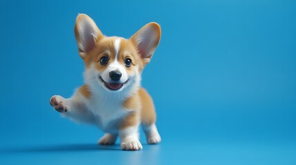 Poster - Full body shot. A corgi puppy standing with its big ears up and tail wagging, looking playful on a rich blue background, 4k resolution, no background, no shadow