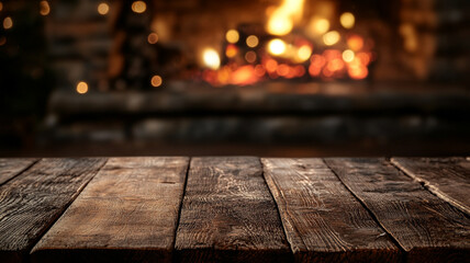 Wall Mural - Empty wooden table top with a blurred fire background.