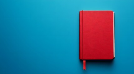 Poster - Full body shot. A hardcover notebook with a red cover and elastic band, positioned on a rich blue background, 4k resolution, no background, no shadow