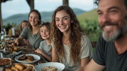 joyful multigenerational family enjoys meal together at rustic wooden table outdoors, surrounded by nature. atmosphere is warm and inviting, with smiles all around