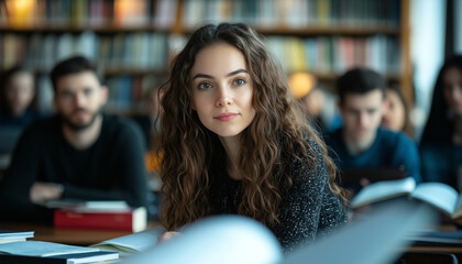Poster - small group of diverse students attentively listening in library setting, surrounded by books and focused on learning. atmosphere is calm and studious