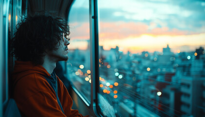 Poster - young man with curly hair gazes thoughtfully out window of train as cityscape blurs by, illuminated by warm glow of sunset